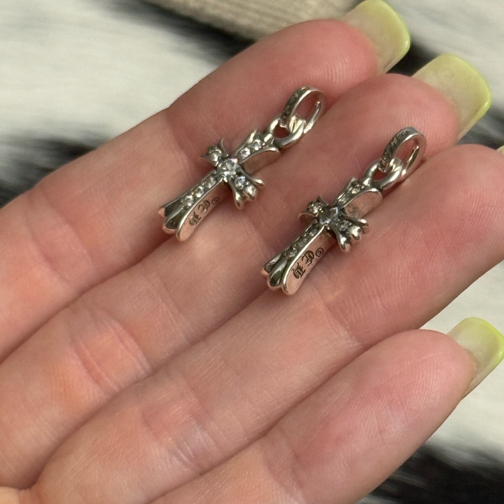 2002 Chrome Hearts Sterling silver Cross Post dangle earrings Pave Rhinestone - Picture 8 of 12